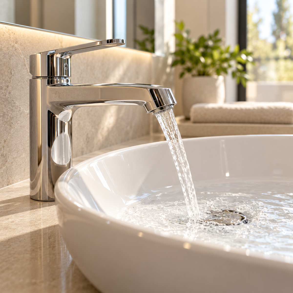 Rubinetto cromato con acqua corrente in un lavabo bianco